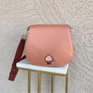 KATE SPADE Tan Brown Pink Leather Flap Crossbody Bag Suzy Saddlebag w/ 2 Straps